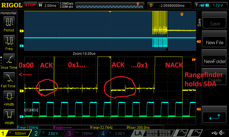 Fig. 2: Premature ACK and rangefinder holding SDA low.  Yellow: SDA, Cyan: SCL