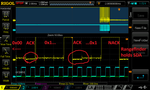 Fig. 2: Premature ACK and rangefinder holding SDA low.  Yellow: SDA, Cyan: SCL
