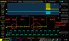 Fig. 2: Premature ACK and rangefinder holding SDA low.  Yellow: SDA, Cyan: SCL