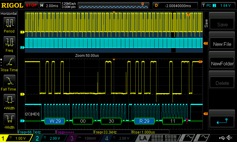 Fig. 3: Successful communication with the Arduino. Yellow: SDA, Cyan: SCL