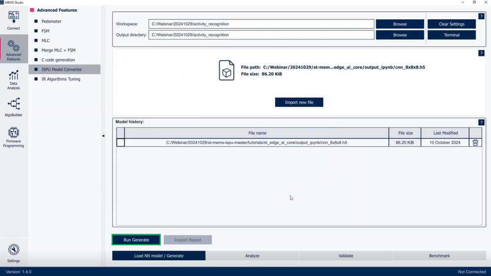 Figure 8: MEMS Studio: Load NN model / Generate tab