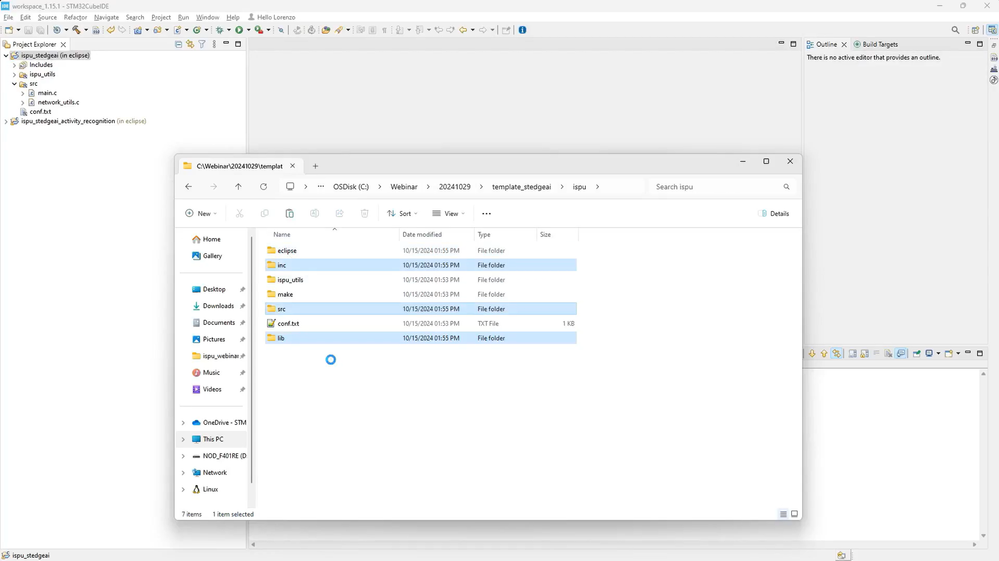 Figure 18: Copy the three folders, i.e. inc, lib, src, generated by MEMS Studio in the ISPU template before building the project with the STM32CubeIDE.