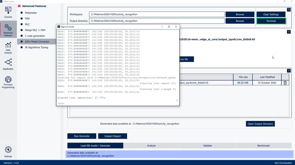 Figure 12: MEMS Studio: review the CLI logs by clicking on the Terminal button