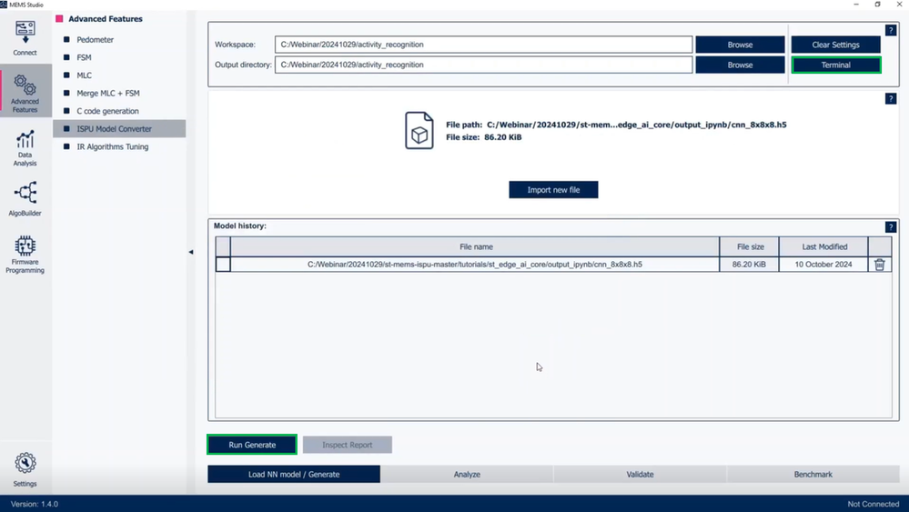 Figure 8: MEMS Studio: Load NN model / Generate tab