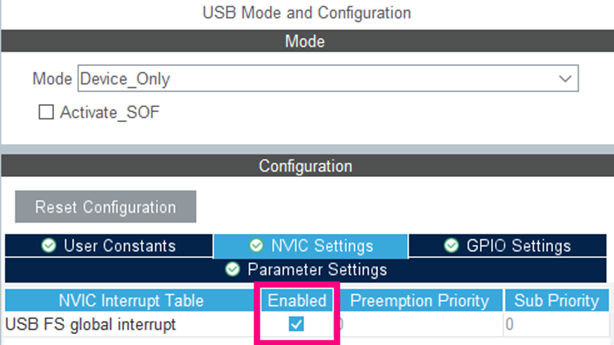 Fig. 7 - Enabling USB Interrupt - STM32CubeIDE