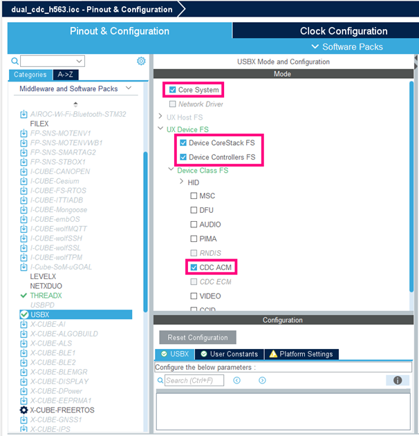Fig. 10 Enabling the USBX - STM32CubeIDE