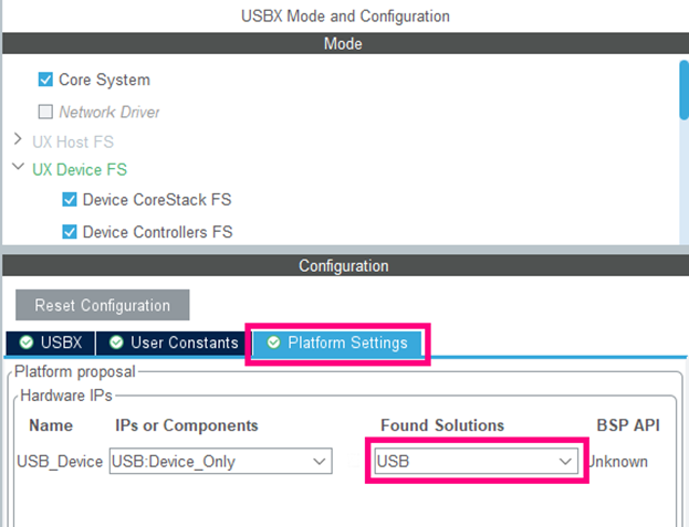 Fig. 13 Selecting the USB platform - STM32CubeIDE