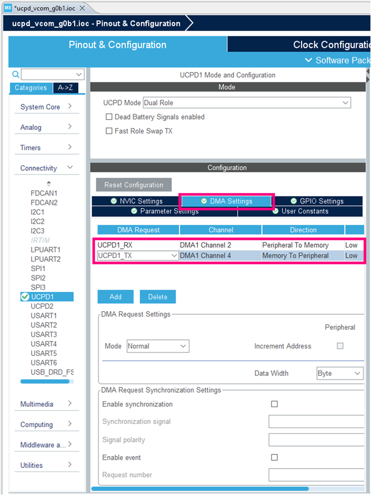 Fig. 8 - Enabling the DMA Channels for the UCPD1