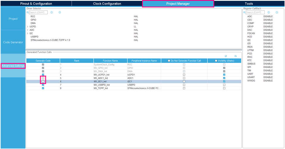 Fig. 18 - Adjusting the code generation settings