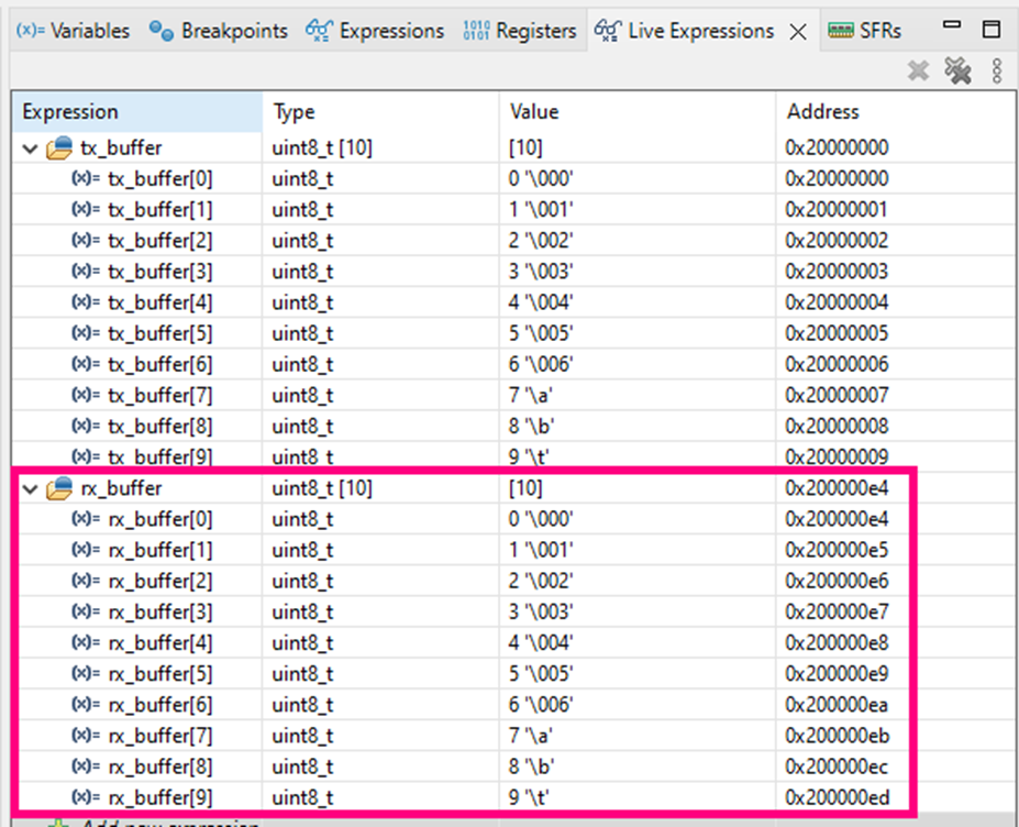 Fig. 9 - Reception buffer during debug - STM32CubeIDE