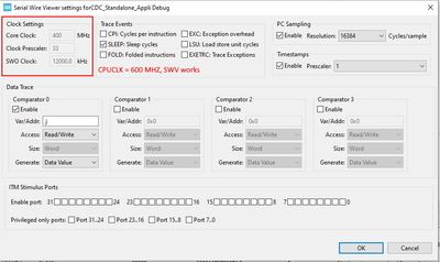 Core Clock set to 600 MHz, SWV Core Clock set to 400 MHz  ; works.JPG