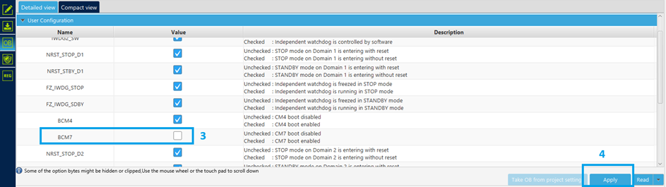 Figure 2. Disabling the Cortex®-M7 in option bytes