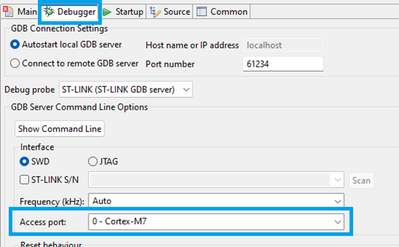 Figure 9. Debugger access port configuration of a Cortex®-M7 project in a STM32H7 dual core example