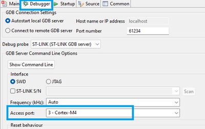 Figure 10. Debugger access port configuration of a Cortex®-M4 project in a STM32H7 dual core example