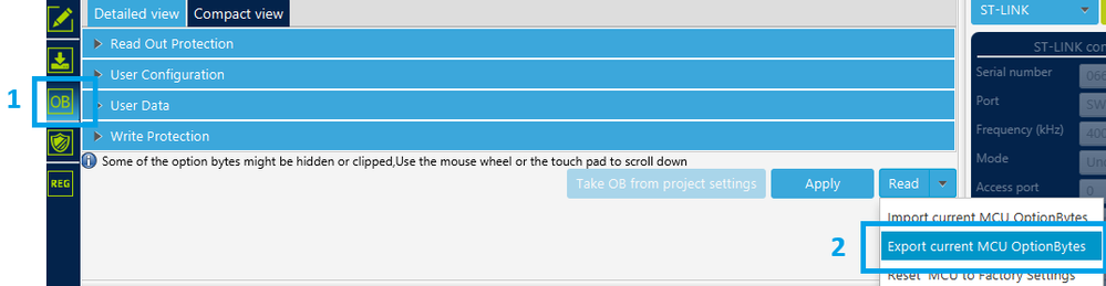 Figure 1. Exporting option bytes in the “OB” menu