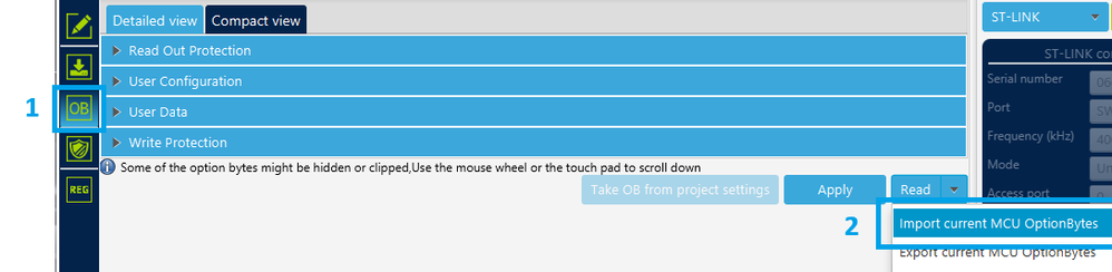 Figure 3. Importing option bytes in “OB” menu